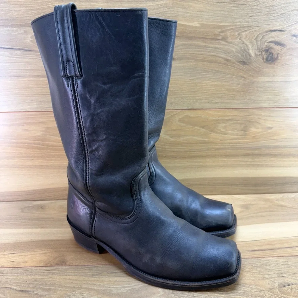 FRYE Vintage Campus Tall Boots Mens 10.5 D Black Leather Zip Square Biker USA